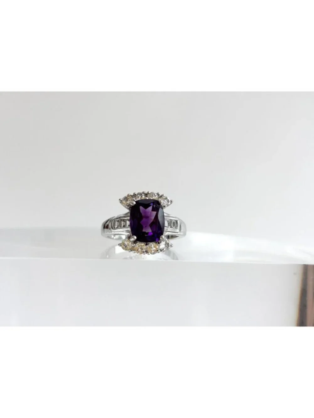 Amethyst Gemstone & CZ Framed Sterling Silver Cocktail 925 Vintage Ring sz 7.75
